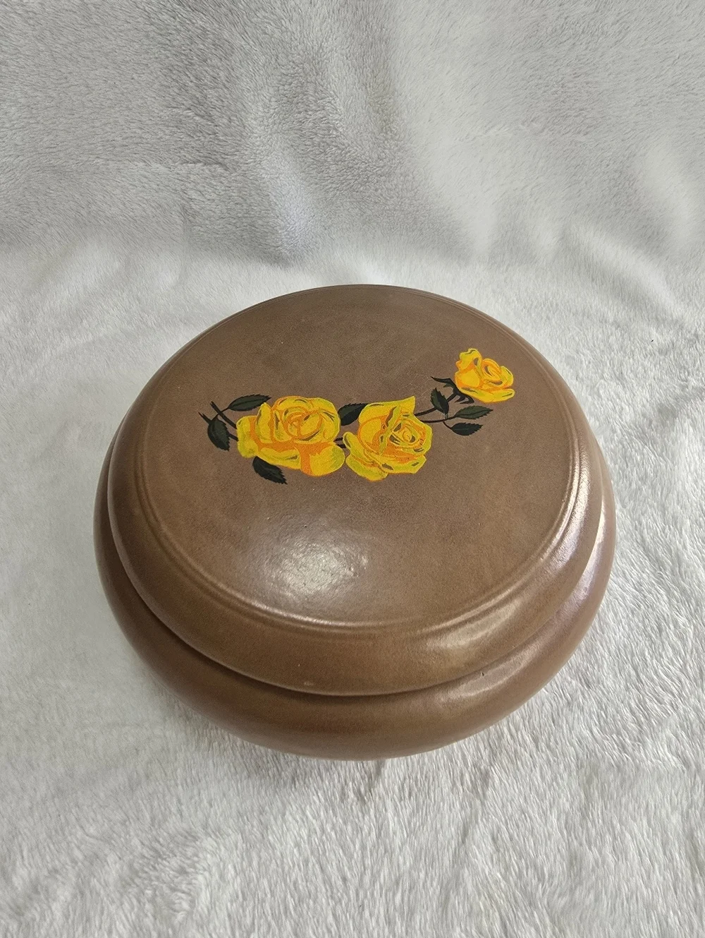 Vintage 70s Brown Round Ceramic Jewelry Box with Hand-Painted Yellow Roses